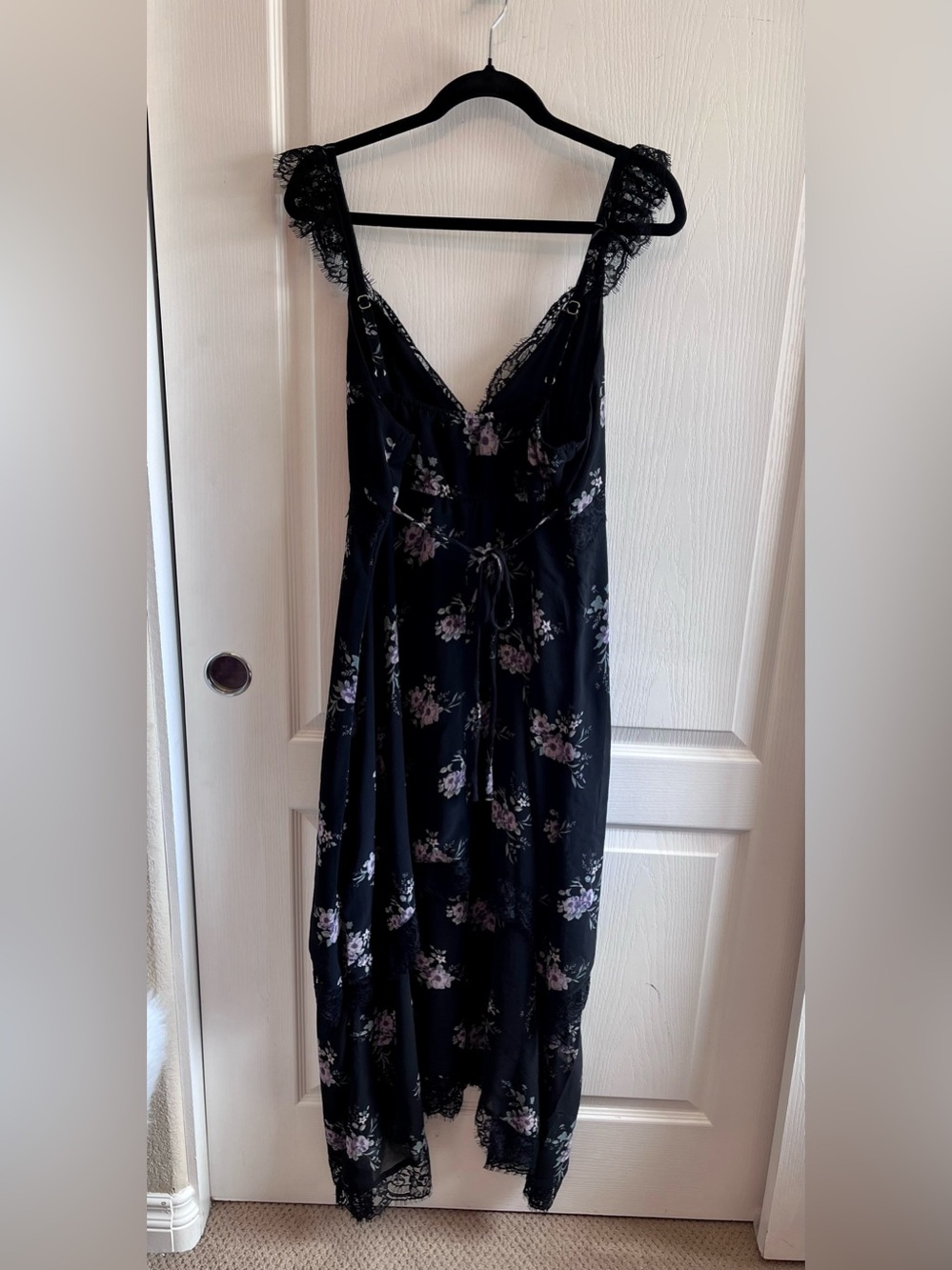 Whimsygoth Dark Floral Lace Trim Midi Dress 90s Grunge Asymmetrical Hem Size L - Picture 7 of 11